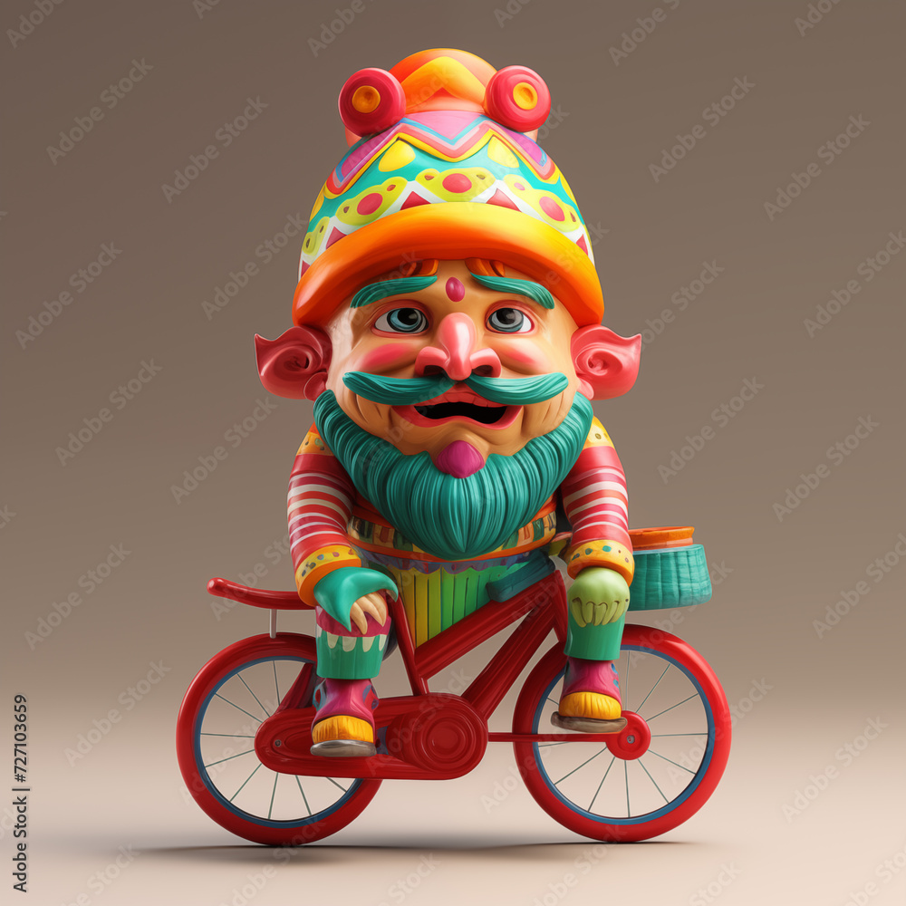 colorful character on cycle with red and green hat