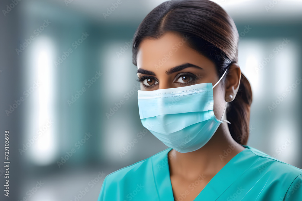 Portrait of a Confident Female Doctor Wearing a Scrubs and a Face Mask in a Modern Hospital Setting Portrait of a Confident Female Doctor Wearing a Scrubs and a Face Mask in a Modern Hospital Setting