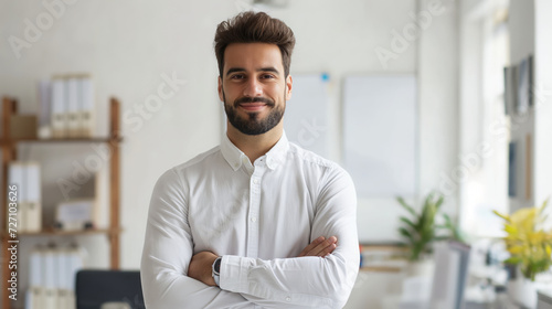 Close-up image of a professional standing confidently in front of their office desk