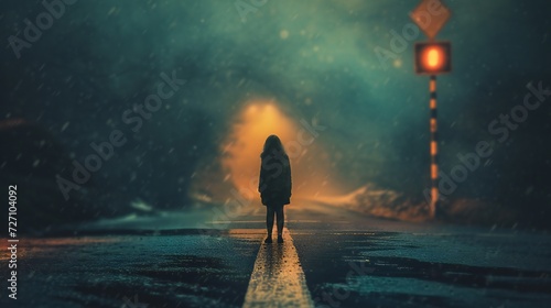 A woman standing at a crossroads, her indecision magnified by the suffocating grip of social anxiety and depression.