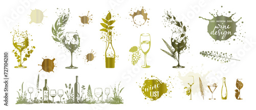 Colorful wine designs - Collection of wine glasses. Sketch vector illustration. Elements for invitation cards, advertising banners and menus. Wine glasses with splashing wine and plants.
