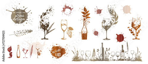 Colorful wine designs - Collection of wine glasses. Sketch vector illustration. Elements for invitation cards, advertising banners and menus. Wine glasses with splashing wine and plants.