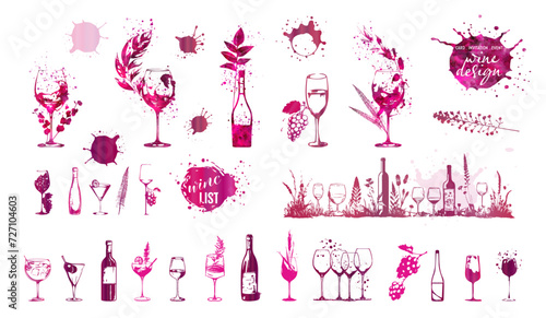 Colorful wine designs - Collection of wine glasses. Sketch vector illustration. Elements for invitation cards, advertising banners and menus. Wine glasses with splashing wine and plants.