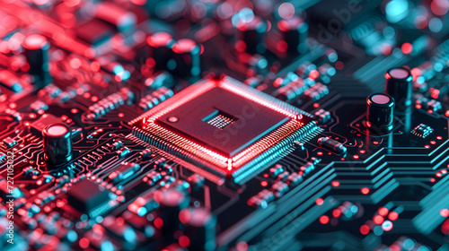 closeup of an advanced GPU ram microchip or cpu of a powerful computer board for artificial intelligence technology as wide banner design with copy space area futuristic background , generative ai