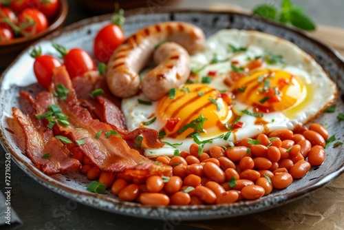 A traditional English breakfast: fried eggs, bacon, sausages, tomatoes, and baked beans.