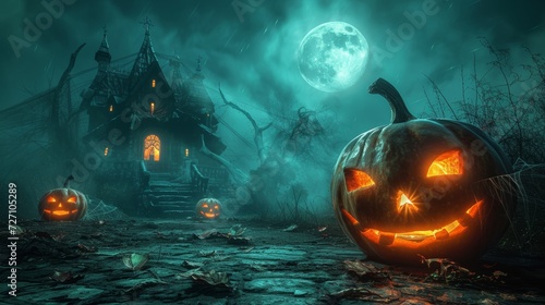 A spooky Halloween scene with jack-o'-lanterns, cobwebs.