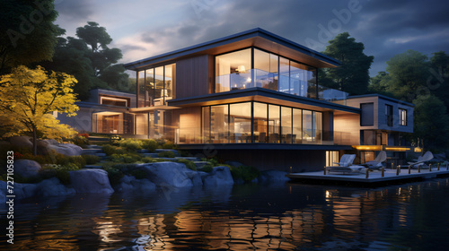 3D rendering of modern house by the river at evening © Harmony