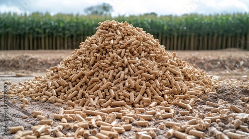 Biomass wood pellets pile and woodpile on blurred background with copy space for text