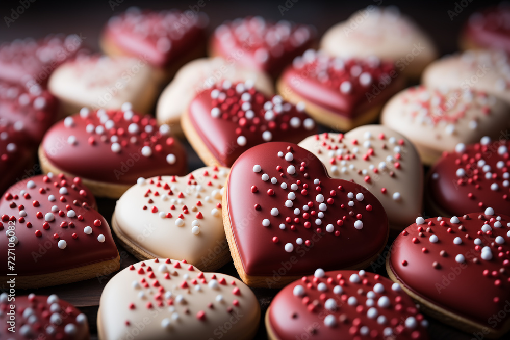 A pile of red, white, and brown cookies in the shape of a heart. A pile of red, white, and brown cookies in the shape of a heart.