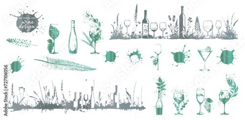 Colorful wine designs - Collection of wine glasses. Sketch vector illustration. Elements for invitation cards, advertising banners and menus. Wine glasses with splashing wine and plants.