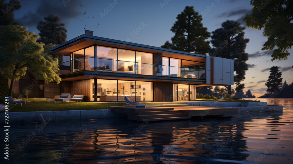 3D rendering of modern house by the river at evening