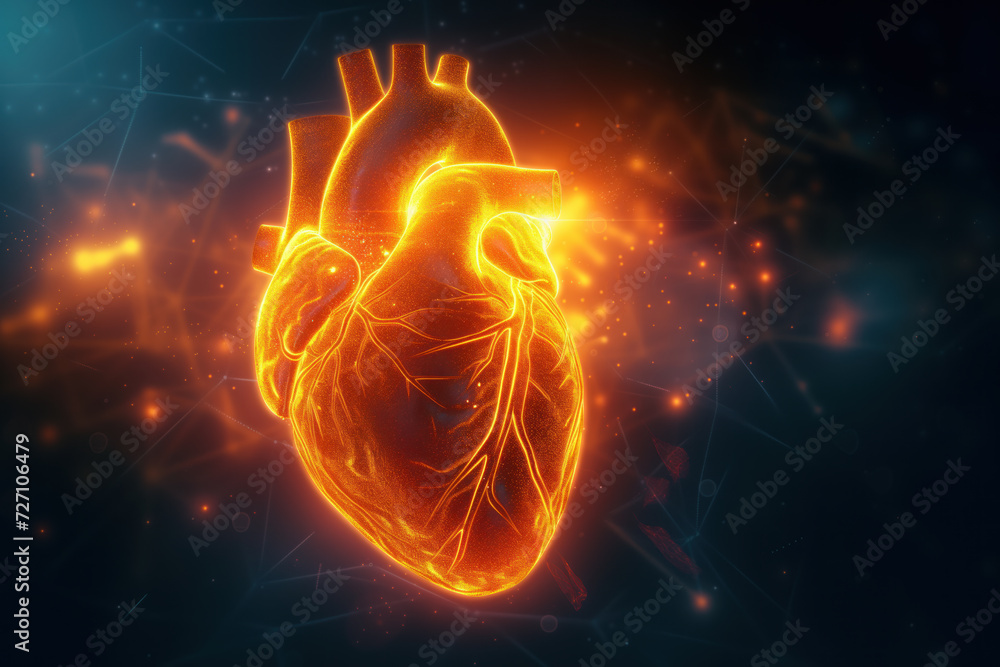 A futuristic graphic of a lit up and glowing heart firing electrical ...