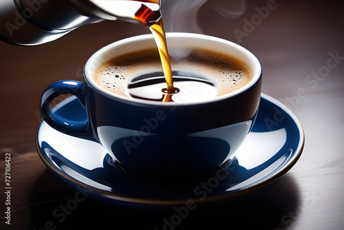 Freshly brewed coffee in blue cup on saucer, dark brown steaming coffee, dark background.