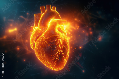 A futuristic graphic of a lit up and glowing heart firing electrical impulses demonstrating the cardiac muscle in action with pericarditis, myocarditis or heart disease.  photo