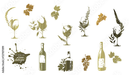 Colorful wine designs - Collection of wine glasses. Sketch vector illustration. Elements for invitation cards, advertising banners and menus. Wine glasses with splashing wine and plants.