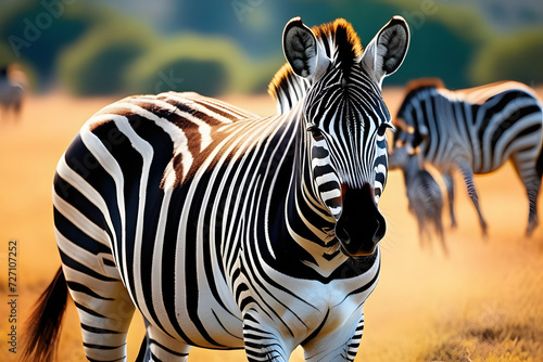 Striped African Horse in the Wild Plains of the Serengeti National Park  Africa