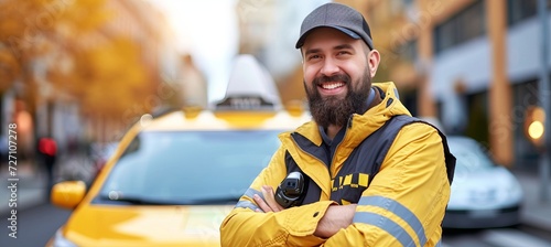 Smiling bearded taxi driver with cab, copy space, wearing hat, arms crossed, male chauffeur portrait