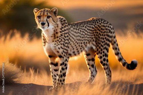 Magnificent Cheetah Surveying African Savanna at Sunset with Piercing Gaze