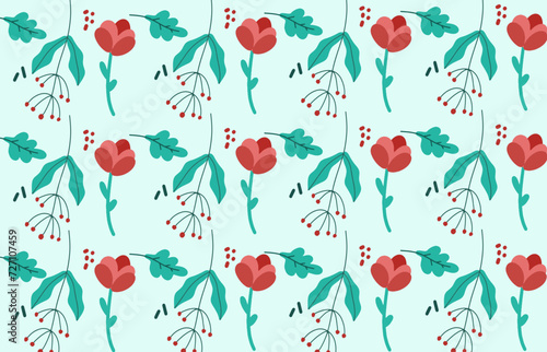 Seamless modern abstract floral pattern illustration for Fabric, Textile, Wallpaper, wall decor, Packaging design, Wrapping Paper, Wallpaper, Background. Red flowers on tropical green Background