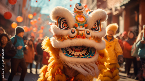 Chinese New Year or Lantern Festival with lanterns and dancing lion in old town