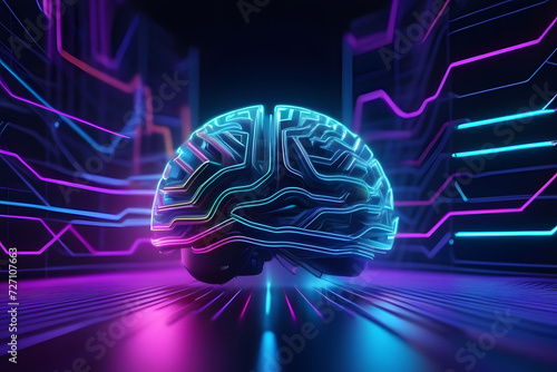 Glowing Digital Brain Circuitry in Cyberspace with Neon Lights Futuristic AI Concept 3D Illustration