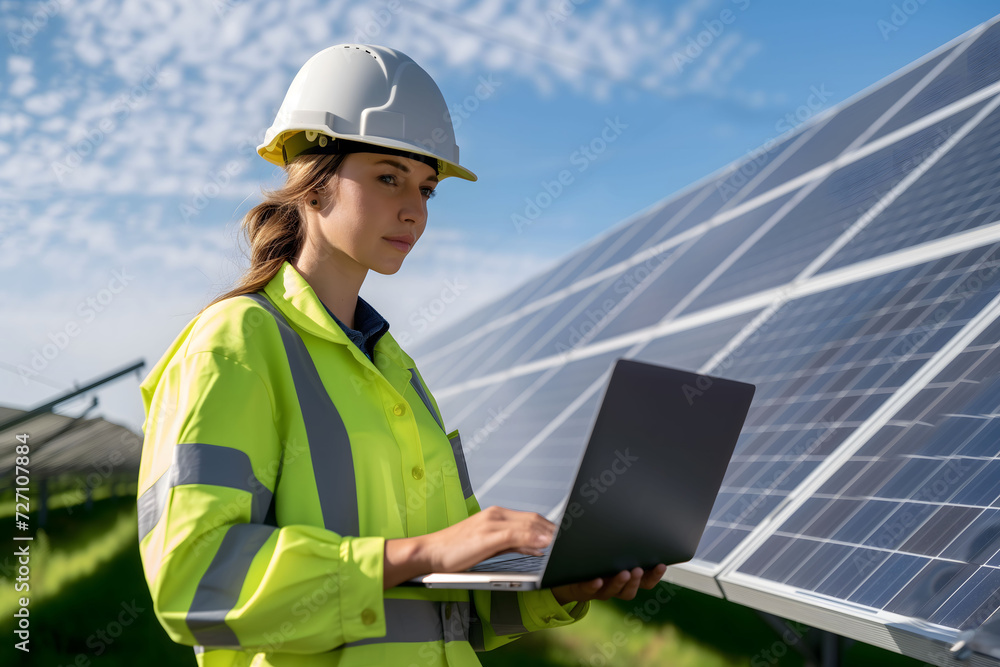 A focused female engineer or solar technician in a high visibility jacket and safety helmet uses a laptop to evaluate solar panel performance.
