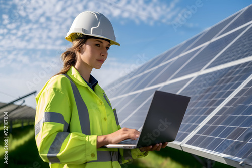 A focused female engineer or solar technician in a high visibility jacket and safety helmet uses a laptop to evaluate solar panel performance.
