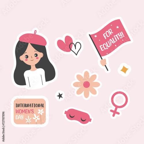 Set of tickers for International Women's Day with a cute cartoon girl. Vector illustration.