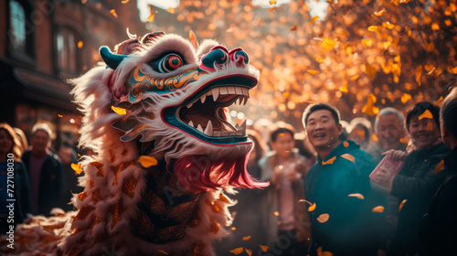 Chinese New Year or Lantern Festival with lanterns and dancing lion in old town