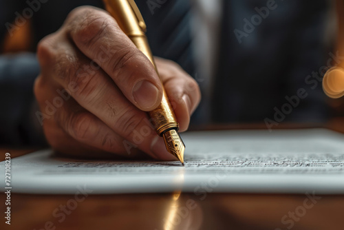 Businessman Use Elegant Pen to Signing Contract or Document extreme closeup. Generative AI photo