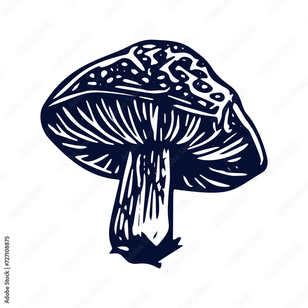 Fototapeta premium Handmade blockprint mushroom vector motif clipart in folkart scandi style. Simple monochrome linocut fungi shapes with naive rural lineart.