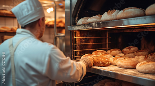 A skilled baker proudly presents his mouthwatering bread creations, straight out of the oven, in a warm and inviting bakery. The aroma of freshly baked goodness fills the air, inviting custo photo