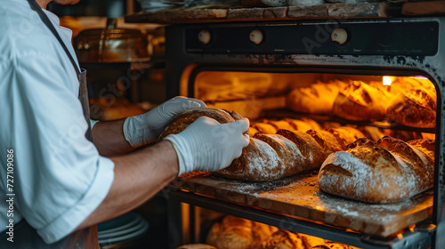 A skilled baker proudly presents his mouthwatering bread creations, straight out of the oven, in a warm and inviting bakery. The aroma of freshly baked goodness fills the air, inviting custo photo