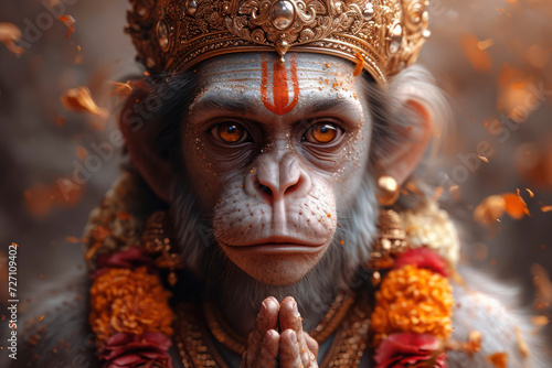 Happy Hanuman Jayanti Concept. Hindu God Hanuman extreme closeup. Generative AI photo