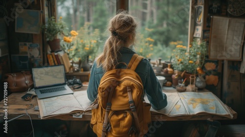 Female travelogue with map and laptop on table