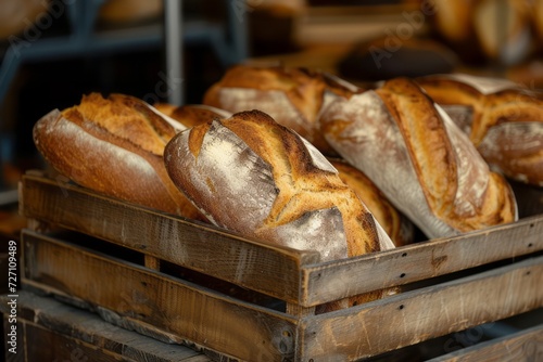 freshly baked bread loaves in a vintage wooden crate.