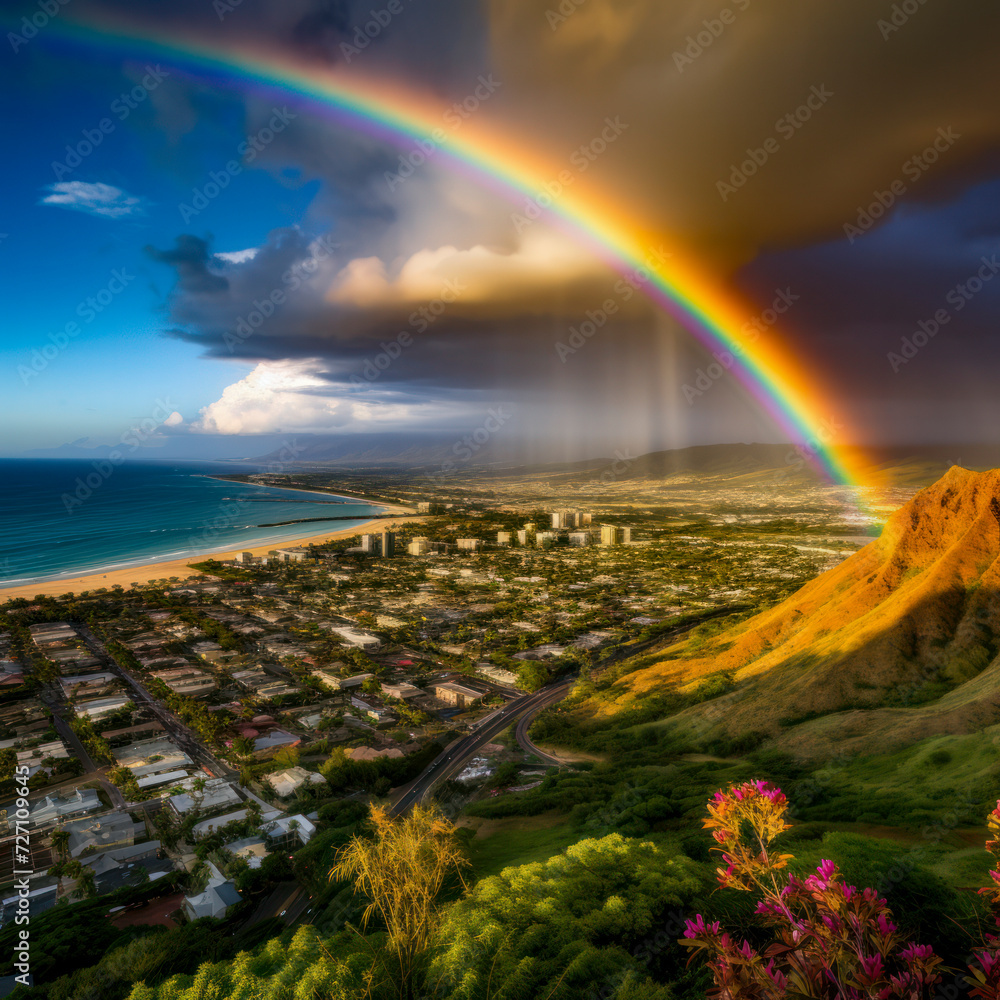 Obraz premium lifestyle photo rainbow over diamondhead on oahu.