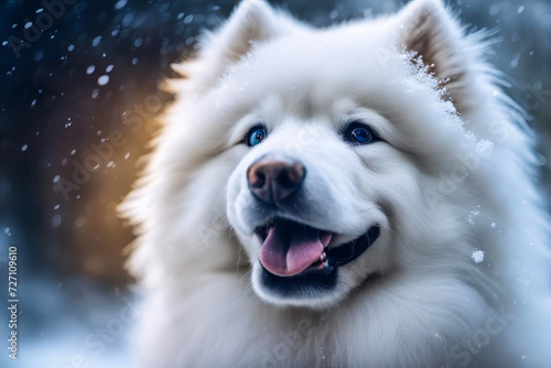 Portrait of a f charming luffy cute Samoyed dog with blue eyes, magical winter atmosphere