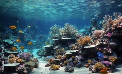 city ​​under water, sunken houses and roads, magic of water, Corals on the ocean floor, underwater world, depth, deep blue with glimpses of light, bright fish, flickering lights