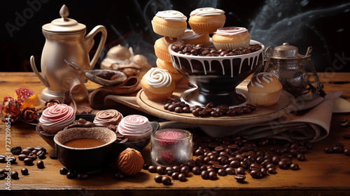 table full of cakes and coffee, coffee beans, sweets and cappuccino, italian breakfast, french breakfast, hot drinks a sweets, cupcakes, best selling