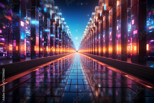 Futuristic data center corridor with glowing lights at night. 3D rendering