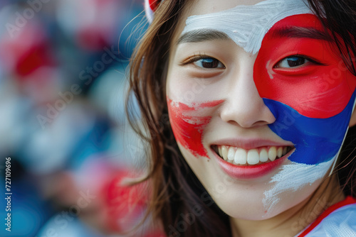 Happy beautiful Korean woman supporter with face painted in Korea flag colors, red and white, at a sports event