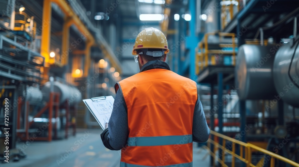 Industrial engineer with clipboard controlling factory facility Industrial engineer with clipboard controlling factory facility