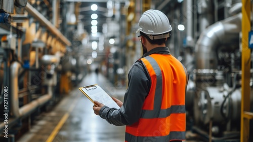 Industrial engineer with clipboard controlling factory facility photo