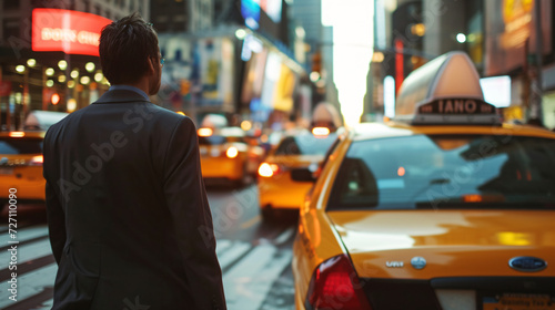 A stressed businessman hails a yellow taxi amidst the chaotic rush hour in the vibrant city center. Will he make it to his important meeting on time 