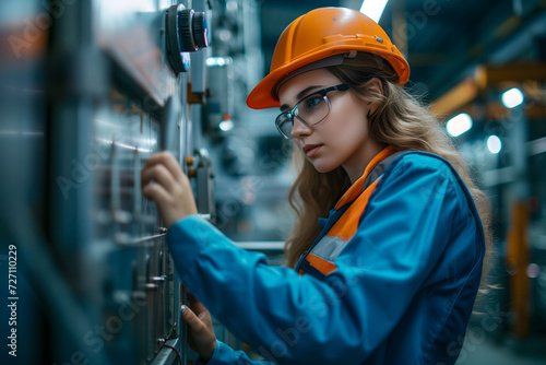 A diligent female industrial engineer in safety gear meticulously adjusts complex machinery at a manufacturing plant. 