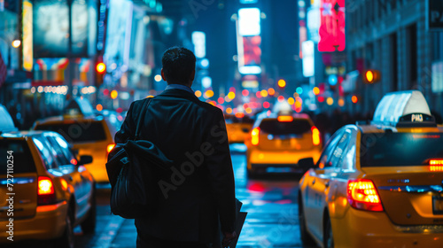 A stressed businessman hails a yellow taxi amidst the chaotic rush hour in the vibrant city center. Will he make it to his important meeting on time? © stocker