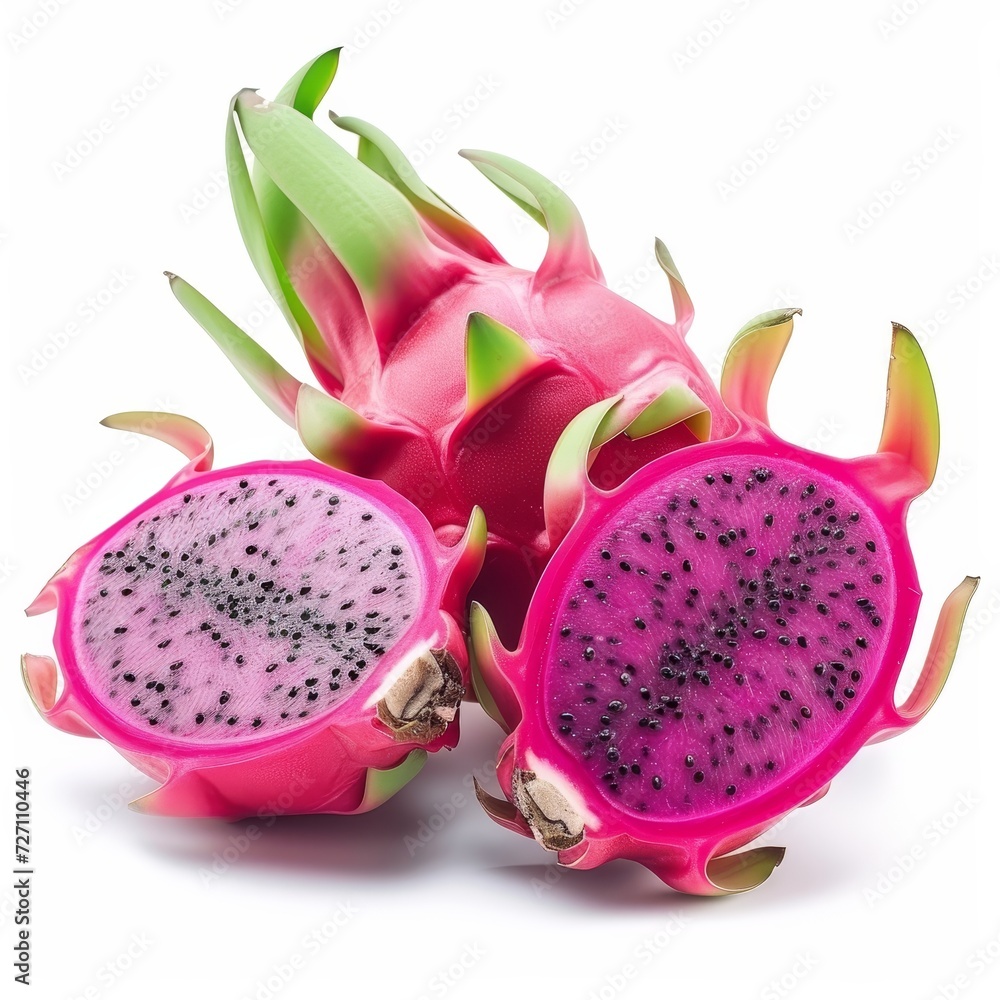 A dragon fruit, sliced into half, resting on a plain white background - isolated raw food. A dragon fruit, sliced into half, resting on a plain white background - isolated raw food.