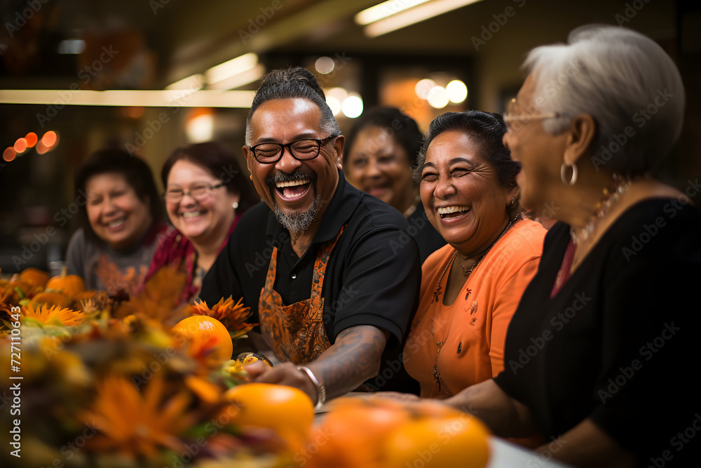 Group of diverse senior friends having fun at a Thanksgiving dinner party together Group of diverse senior friends having fun at a Thanksgiving dinner party together