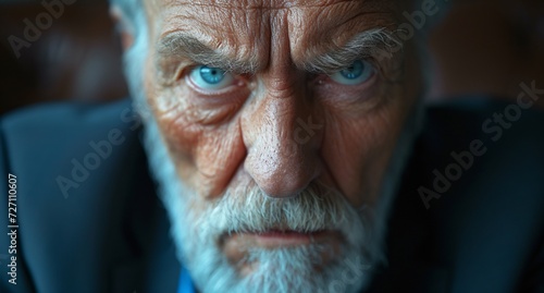 Deep blue eyes pierce through the wrinkles of an elderly man's weathered portrait, revealing a lifetime of experiences etched onto his skin photo